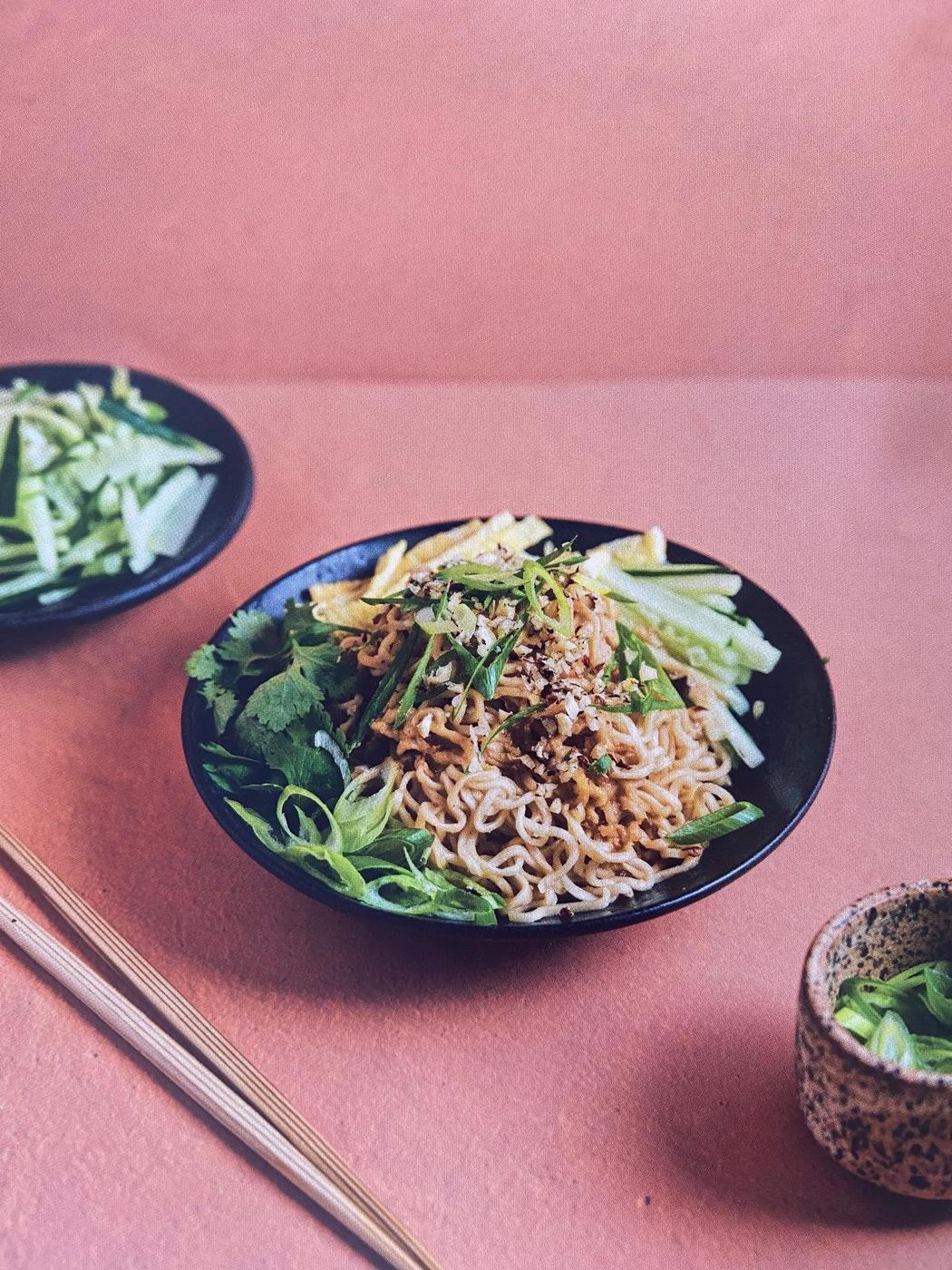 Cookbook page showing a noodle dish served on Christian Palino ceramics