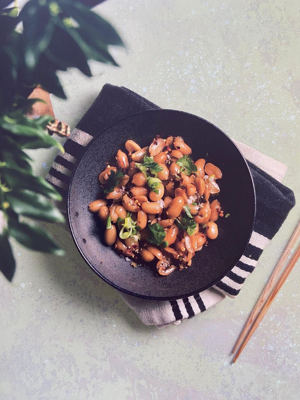 Cookbook page showing marinated peanuts served on a ceramic plate